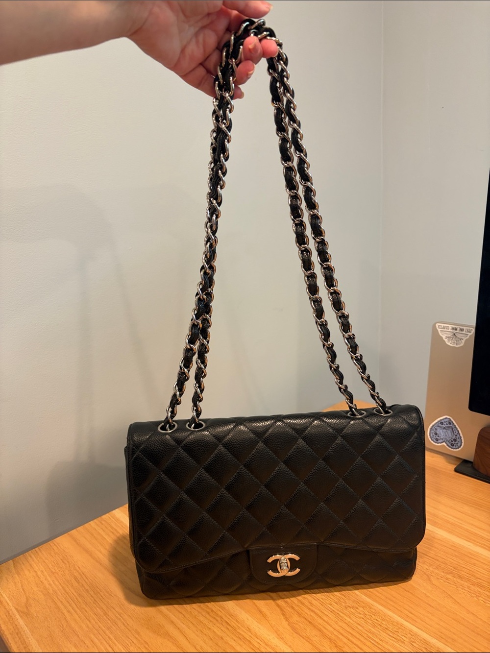 Pre-Loved CHANEL Black Caviar Leather Jumbo Single Flap with Silver Hardware